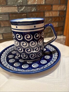 2 piece set. Blue Swirl Ceramic Coffee Cup and Saucer